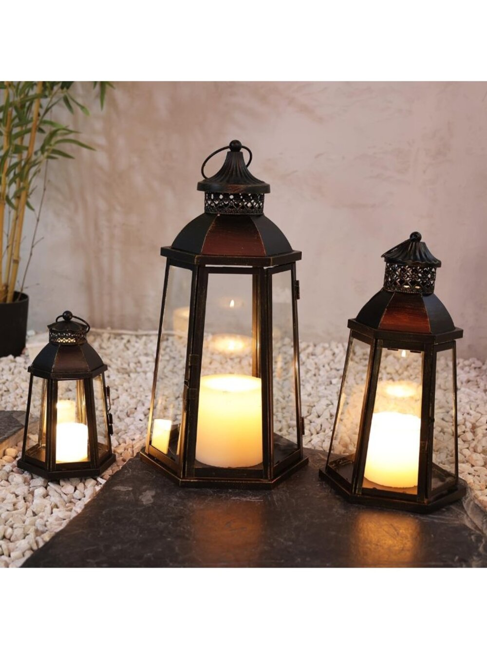 Set of 3 Vintage Lanterns - Metal Frame Candle Holders for Indoor & Outdoor